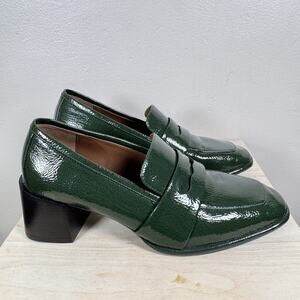 AEROSOLES Womens Loafers Arnett Green Patent Vegan Leather 9 Block Heel Preppy